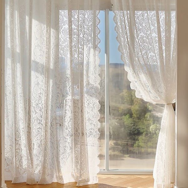 French Style Floral Lace Sheer Curtains | Floral White Sheer Lace Curtains for Living Room | Semi sheer Lace Curtains | Rod Pocket Curtains