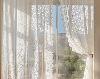 French Style Floral Lace Sheer Curtains | Floral White Sheer Lace Curtains for Living Room | Semi sheer Lace Curtains | Rod Pocket Curtains