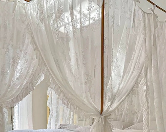 French Style floral embroidery Bed Canopy | Farmhouse lace canopy bed curtains with ties | Romantic Canopy Drapery Curtains