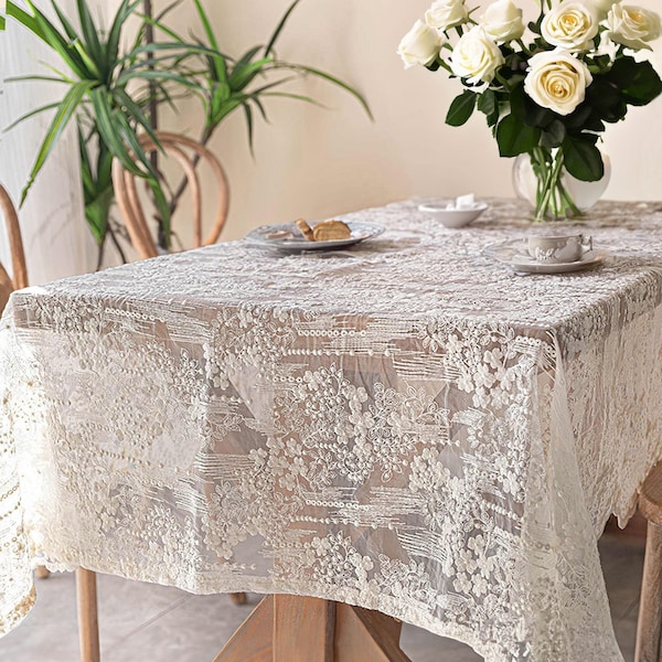 Nappe brodée en dentelle florale de style français pour mariage | Nappe en macramé Shabby Chic de ferme | Nappe en dentelle semi-transparente rustique