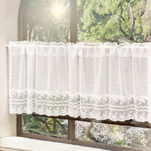 Retro Style white polka dots short curtain for cabinet | White sheer curtain for kitchen | Rod Pocket Lace Door Curtain | White Cafe Curtain