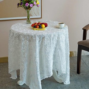 White 3D Floral Embroidered Tablecloth: French Wedding Decor