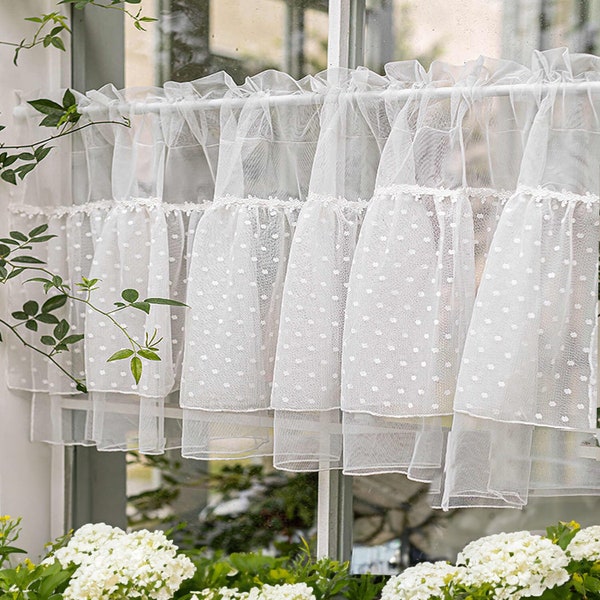 Rideaux courts en dentelle à pois blancs pour la cuisine | Rideaux transparents pour fenêtre de café avec passe-tringle pour le salon | Rideaux légers à double couche