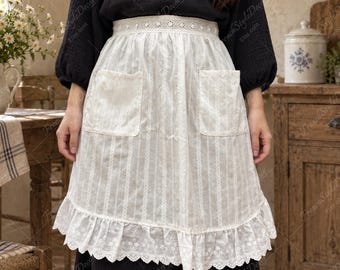 White Cotton Embroidered Lace Half Apron with Pockets, Cottage Baking Apron