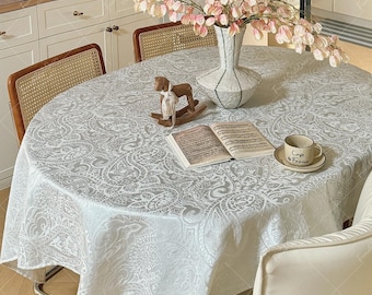 Pearl White Jacquard Waterproof Tablecloth, Perlis Pattern Elegant Dining Table Cover