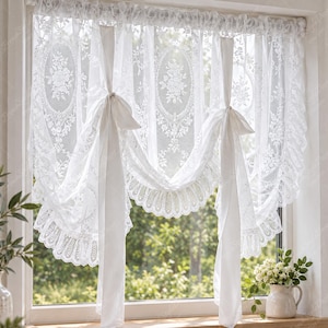 French Style Tie Up Lace Curtain With Ruffles, Adjustable Sheer Curtain for Small Window