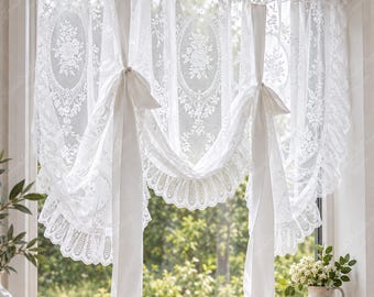 French Style Tie Up Lace Curtain With Ruffles, Adjustable Sheer Curtain for Small Window