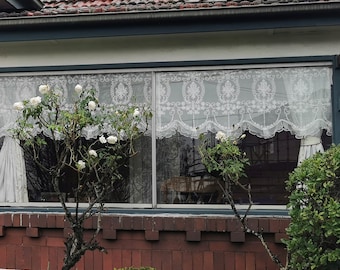 White Embroidered Short Curtain, French Style Transparent Lace Sheer with Pearl Trim, Window Decoration