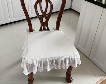French StyleChair Pad with Lace Trim: Cotton Cushion with Ties