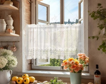 White polka dots short curtain for cabinet | Rustic sheer curtain for kitchen | Rod Pocket Cafe Curtain