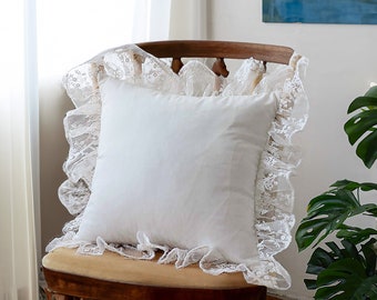 French Style Cotton and Linen pillow case with Ruffles | Bohemia White Floral Embroidered lace cushion cover | Throw Pillow with inner
