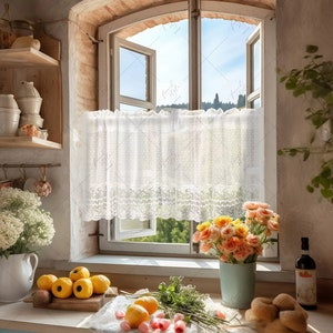 White polka dots short curtain for cabinet | Rustic sheer curtain for kitchen | Rod Pocket Cafe Curtain