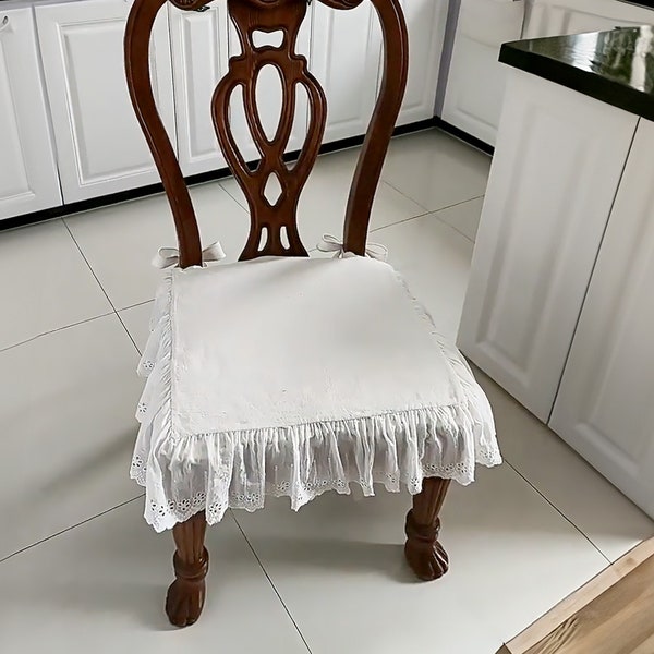 Coussin de chaise blanc style français avec bordure en dentelle, Coussin pour salle à manger en coton PP, Coussins de chaise carrés pour mariage, Coussins de chaise avec attaches