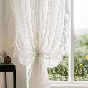 White Lace Curtain For Wedding | White Floral Embroidered Sheer Drapes for Bedroom | Rod Pocket  Window Treatments With Ruffles