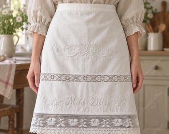 White Cotton Embroidered Apron, Farmhouse Floral Lace Kitchen Apron
