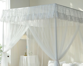White Lace Bed Canopy: Romantic Bedroom Decor, Triple Door Design