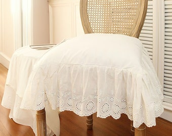 Elegant Removable Chair Cushion with Embroidered Lace Ruffle, French style Cotton Chair Pad for Wedding, 18X18" U-Shaped Seat cushion