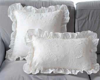 Farmhouse Cotton Embroidered Pillow Cover: French Style Floral Pillowcase