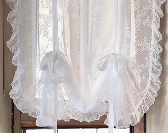 White floral Pull Up Balloon Lace Sheer Curtain with ruffles | 59" Wide Adjustable Curtain for Small Window | Tie Up Balloon Short Curtains