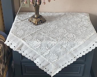 Handmade White Floral Lace Tablecloth: Farmhouse Style Dust Cover