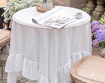 White Polka Dots Tablecloth with Ruffles | Semi Sheer Lace Tablecloth for Wedding | Rectangle Table cover for picnic | Table Decor