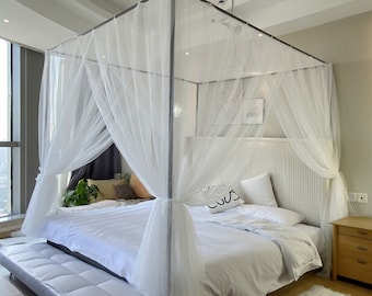 4 Corner Post Bed Canopy, 4 Colors Elegant double layer Curtain Net for Full/Queen/King Size Bed