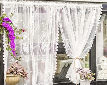 French Style Floral Lace Sheer Curtains | Rod Pocket White Semi sheer curtains for bedroom | Short curtain for Bathroom 1 Panel