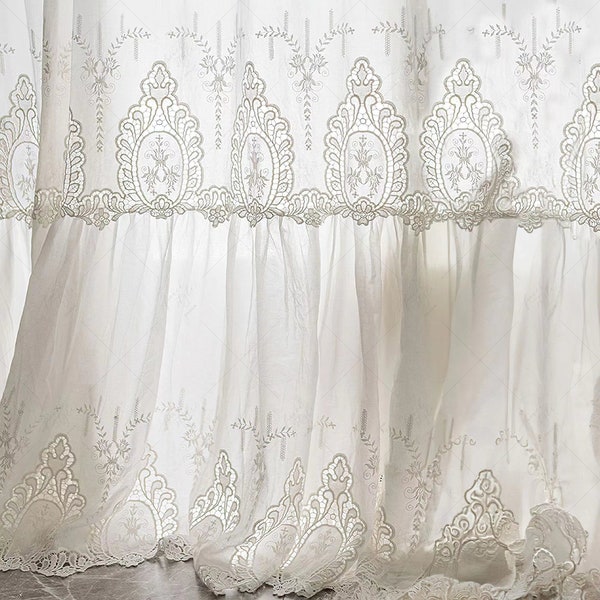 French Style Floral Embroidered Lace Curtains | Retro Style White Pleated Curtains for Bedroom | Shabby Chic