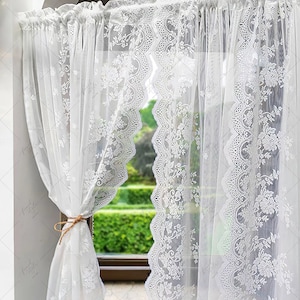 Floral White Sheer Lace Curtains for Living Room | Shabby Chic Lace Panel Curtains | Rod Pocket Short Sheer Curtains