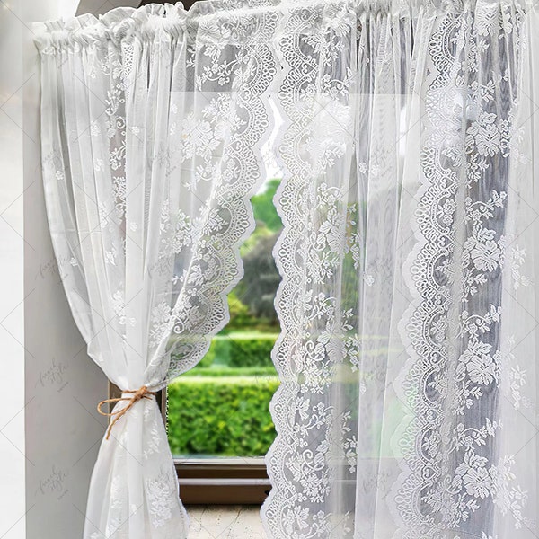 Floral White Sheer Lace Curtains for Living Room | Shabby Chic Lace Panel Curtains | Rod Pocket Short Sheer Curtains