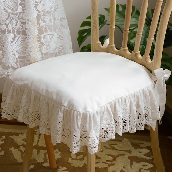 de chaise en coton de style français pour mariage | de chaise en dentelle vintage avec attaches | Coussin de chaise fait main avec volant | Coussin de chaise en forme de U