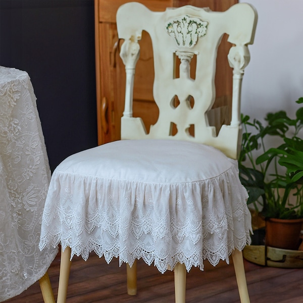 coussins de chaise en dentelle confortables vintage avec cravates | Coussins de chaise en coton blanc pour mariage | Coussin de chaise avec volant | Coussin de chaise en forme de U