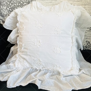 Elegant Square Lace Pillowcase with Ruffles, French Style Cotton Cushion Cover, White Floral Embroidered Pillowcase, Classic Home Decor