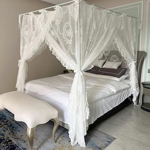 Floral Embroidery Bed Canopy | Shabby Chic Sheer Canopy Bed Curtains | Romantic Canopy Drapery Curtains With Ties