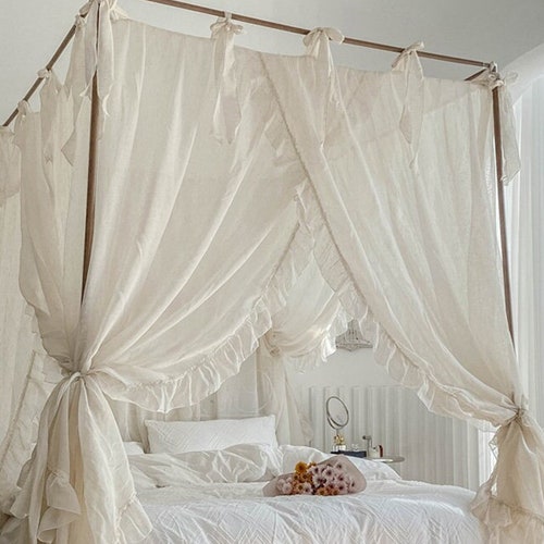 Linen Texture Bed Canopy With Tie up French Style Canopy Etsy