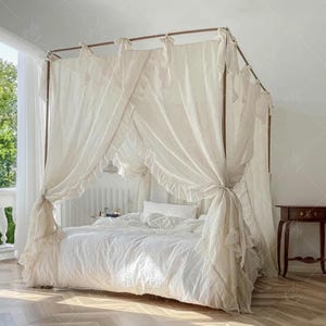 Linen Texture Bed Canopy With Tie Up | French Style canopy curtain panel with ruffles | 4 Corners Post Canopy Bed Curtain for Girls