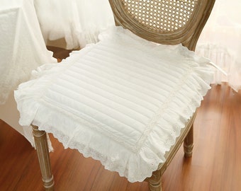 Square Cotton Chair Cushion, 18X18 inch Washable Seating Pad  with Tie-Backs, French style White Lace Chair Pads, Comfortable Seat Cushion