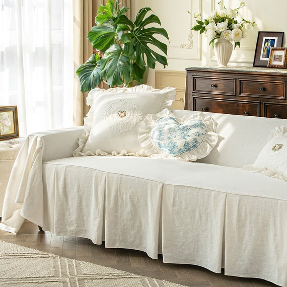 Farmhouse Cotton Sofa Slipcover: Rustic Living Room Furniture Protector (75" Width)