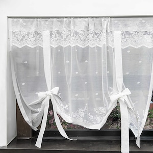 White Tie Up Sheer Curtain | Adjustable Balloon Curtain Shade for Small Window | Floral Short Curtains