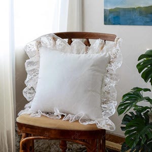 French Style Cotton and Linen pillow case with Ruffles | Bohemia White Floral Embroidered lace cushion cover | Throw Pillow with inner