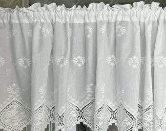 White Embroidered Sheer Curtain, Floral Cotton Small Drape For Kitchen , Rod Pocket