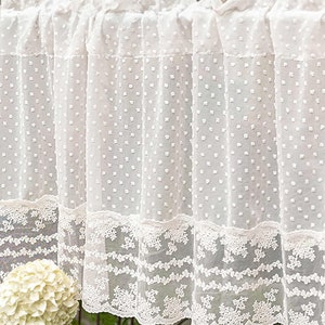 Retro Style white polka dots short curtain for cabinet White sheer curtain for kitchen Rod Pocket Lace Door Curtain White Cafe Curtain image 2