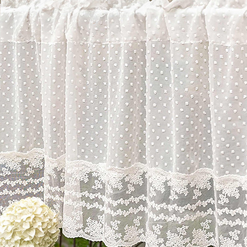 Retro Style white polka dots short curtain for cabinet White sheer curtain for kitchen Rod Pocket Lace Door Curtain White Cafe Curtain image 2