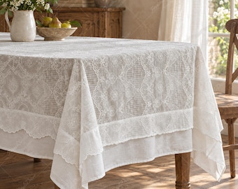 Floral Embroidered Tablecloth for Wedding | Romantic Lace Table Cover, Dining Room Decor