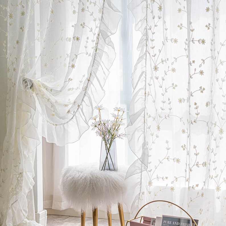 White Floral Pattern Sheer Curtain With Ruffles Leaf Design - Etsy