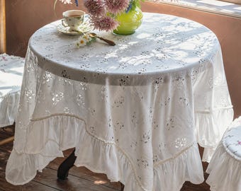 White Floral Cutwork Eyelet Round Tablecloth, Ruffle Edge Embroidered Table Cover