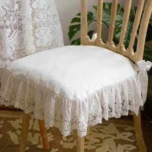 Cojines de silla de algodón estilo francés para bodas / Cojines de silla de encaje vintage con lazos / Cojines de silla hechos a mano con volante / Cojines de silla en forma de U
