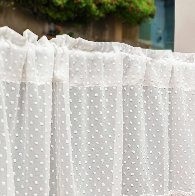 Rideau court à pois blancs de style rétro pour armoire Voilage blanc pour la cuisine Rideau de porte en dentelle avec passe-tringle Rideau de café blanc image 3