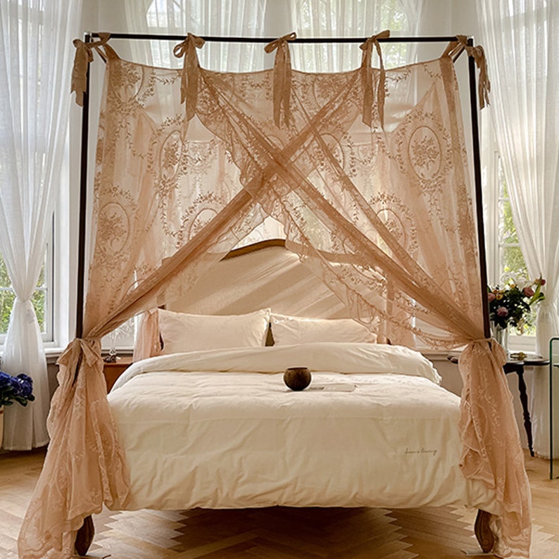 Elegant White Floral Embroidery Bed Canopy Semi Sheer Lace Etsy