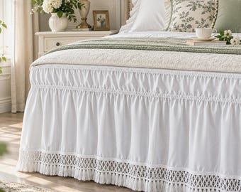 White Ruffled Bed Skirt with Tassel Trim, Elastic Fitted, Cottage Decor
